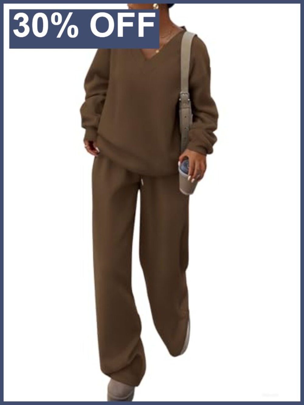 2 Piece Sweatsuit Set V Neck Pullover Wide Leg Sweatpants Drawstring Cotton